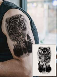 Waterproof Long Lasting Temporary Tattoo Sticker, Unisex Black Tattoo Sleeve Design With Dark Animal Tiger, Lion, Wolf Patterns, Halloween, Christmas, Party Gift, Body Art For Arms, Legs, Chest, Back - Black - View 5