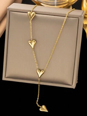 1pc Stainless Steel Heart Shaped Pendant Necklace With Golden Tassel, Perfect Accessory For Women To Wear On Beach, Mother's Day Gift, No Gift Box Included Valentines