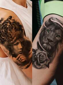 Waterproof Long Lasting Temporary Tattoo Sticker, Unisex Black Tattoo Sleeve Design With Dark Animal Tiger, Lion, Wolf Patterns, Halloween, Christmas, Party Gift, Body Art For Arms, Legs, Chest, Back - Black - View 4