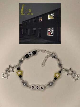 1 Pulseira de contas fashion e doce com estrela, lua e números, pulseira feminina artesanal para uso diário e festas