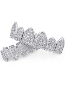 1入2入組閃閃發光的嘻哈牙齒牙套-豪華立體氧化鋯金屬上下牙設計，為時尚男士打造閃爍的微笑珠寶 - 銀色 - 查看 10