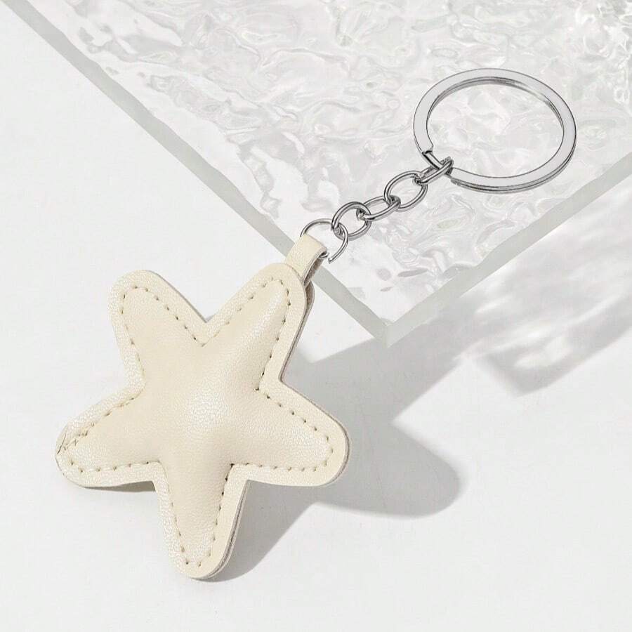 1pc Unisex New Solid Color Five-Pointed Star Keychain With PU & Padding Star Pendant Couple Gift Bag Decoration Hanging Ornament - Beige - View 1