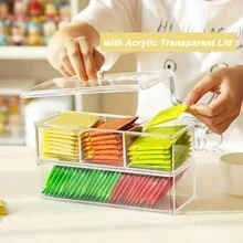 2 Stackable Tea Bag Organizer With Lid Acrylic Tea Container Storage Box 3+1 Compartment Used In Countertop Cabinet And Pantry| Holder For Tea Bags, Packets, Small Items, Clear - Transparent 2 Layers - View 2
