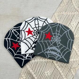 1 pieza Y2k Sombrero de jacquard de elementos animados de araña, sombrero de doble tejido de cuatro estaciones, sombrero frío al aire libre de tamaño igual, calle hip-hop unisex