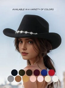 1pc Women Unisex Solid Color Knitted Felt Cowboy Hat With Diamond Shaped Chain Decorated Hatband, Swivel Single Girl Cowgirl Hat, Wide Brim Hat With Street Fashion Punk Style For Girlcore, Vintage, Floral, Spring Summer Bright Colors, Pink Aesthetic. Suitable For Parties, Western Themed Events, Graduation Ceremony, Role Play, Costume Party, Makeup Dance Party, Festival, Wedding, Birthday Celebration, Music Festival, Coming-Of-Age Ceremony. Halloween