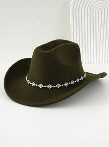 1pc Women Unisex Solid Color Knitted Felt Cowboy Hat With Diamond Shaped Chain Decorated Hatband, Swivel Single Girl Cowgirl Hat, Wide Brim Hat With Street Fashion Punk Style For Girlcore, Vintage, Floral, Spring Summer Bright Colors, Pink Aesthetic. Suitable For Parties, Western Themed Events, Graduation Ceremony, Role Play, Costume Party, Makeup Dance Party, Festival, Wedding, Birthday Celebration, Music Festival, Coming-Of-Age Ceremony. Halloween
