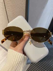 1 pieza Gafas de diseñador de moda con marco de metal ovalado retro para mujeres, accesorio elegante adecuado para usar todo el año, que se puede combinar fácilmente con cualquier atuendo para vacaciones de verano en la playa, al aire libre, viajes, estilo colegial para volver a la escuela - Multicolor - Ver 6