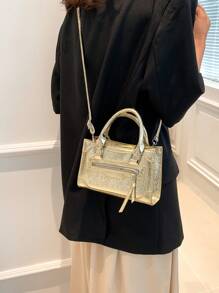 Fashionable And Versatile Solid Color Texture Handbag - Gold - View 3