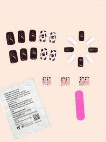 Atualize instantaneamente seu visual com 24 peças de unhas postiças francesas elegantes de estampa de vaca com padrão quadrado médio, unhas postiças falsas de cor sólida simples, na cor café da moda com estampas assimétricas, cobertura completa para mulheres e meninas, 1 peça de gel de gelatina + 1 tira de lixa, remessa aleatória de gel de gelatina - Castanho - Visão 2