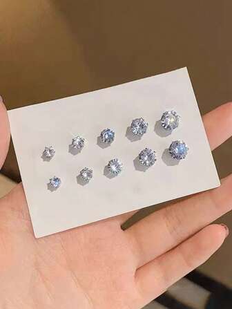 5PCS Silver Shiny Faux Zirconia Magnetic Stud Earrings Without Piercing For Women Party Jewelry Gifts(No Paper Jam)