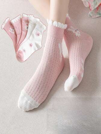5 paires / 24 Chaussettes pour enfants d"été, nouvellement conçues à bouche fine en maille, chaussettes courtes en dentelle de lapin rose mignon pour princesse, respirantes et absorbantes de la transpiration pour les étudiants de 1-12 ans, chaussettes courtes sportives pour filles de mi-mollet en maille