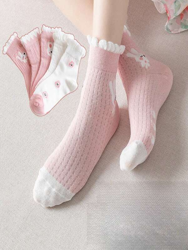 5 Pairs/24 Summer New Children Socks Mesh Thin Bubble Mouth Cute Pink Bunny Lace Princess Short Socks 1-12 Years Old Students Mesh Breathable Mid-Calf Girls Sports Sweat-Absorbent Short Socks