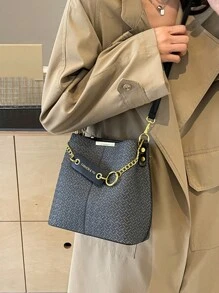 1 peça Bolsa de Ombro Feminina Fashion (22cm x 22cm x 12cm) com Decoração de Hardware, Alça de Ombro Ajustável Adequada para Trabalho, Compras e Encontros. Bolsa de balde elegante e simples com decorações em relevo. Pode guardar telefone celular, carteira, cosméticos etc. Presente perfeito para o Dia dos Pais, amigos ou feriados e Natal. Pode ser usada como bolsa de couro, mochila escolar, bolsa de ombro diagonal, bolsa de peito, bolsa meia-lua, chaveiro de anime, bolsa de câmera, bolsa de esportes e bolsa de carregamento. - Preto - Ver 3