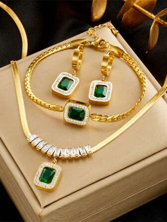 不锈钢优雅设计绿色全装饰吊坠项链 + 手链 + 耳环套装，适合女士日常佩戴，馈赠佳品