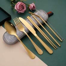 Stainless Steel Cutlery Set Portable Creative Tableware Gift Set With Knife Fork Spoon And Straw - Seven-piece Set - View 1