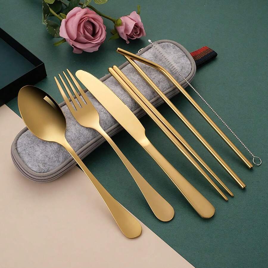 Stainless Steel Cutlery Set Portable Creative Tableware Gift Set With Knife Fork Spoon And Straw - Seven-piece Set - View 1