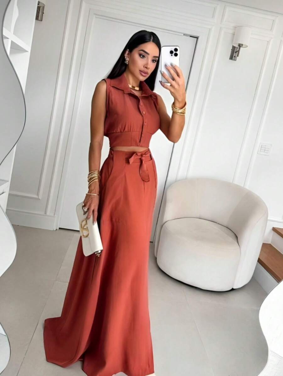 Women Two-Piece Outfits - Rust Brown - View 1