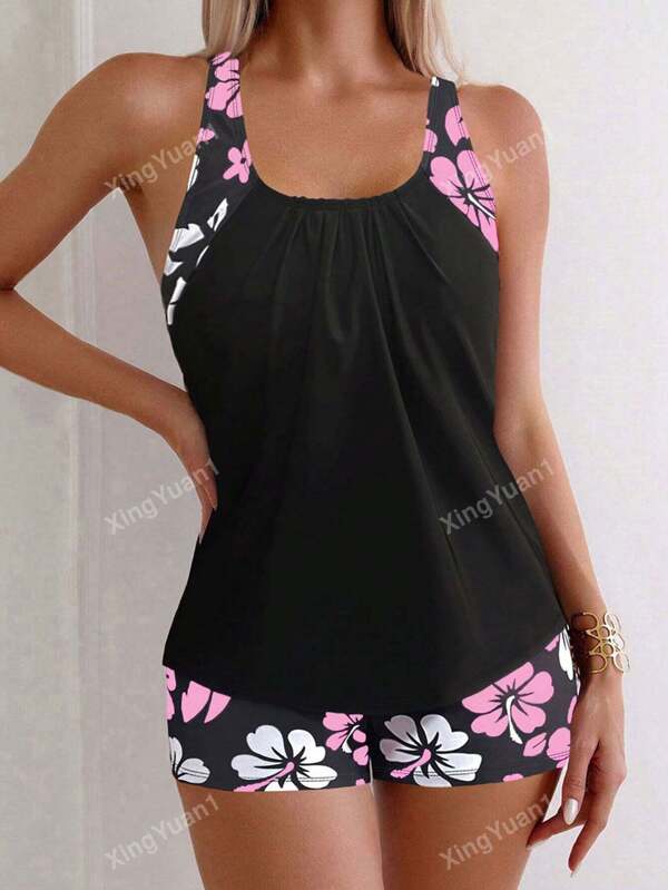 2pcs Women's Floral Printed Tankini Top And Boyshorts Swimwear Set, Perfect For Summer, Beach, Pool
