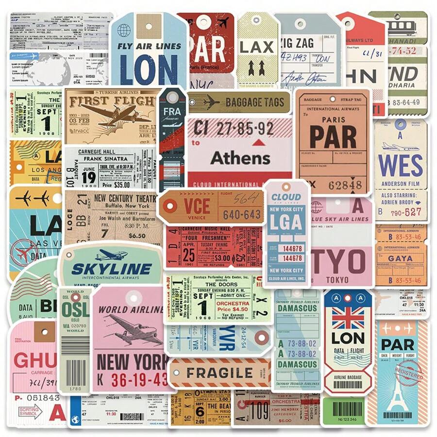40 piezas de Calcomanías vintage de graffiti de la serie de tarjetas de embarque que no se repiten para equipaje, computadora, guitarra, teléfono móvil - Calcomanías impermeables