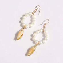 1 Đôi bông tai ngọc trai giả tự nhiên, thiết kế sáng tạo, sang trọng, phong cách Bohemian ven biển, dành cho nữ, kiểu dáng giản dị, thanh lịch, thích hợp cho kỳ nghỉ. - Bông tai ngọc trai vỏ tự nhiên - Xem 1