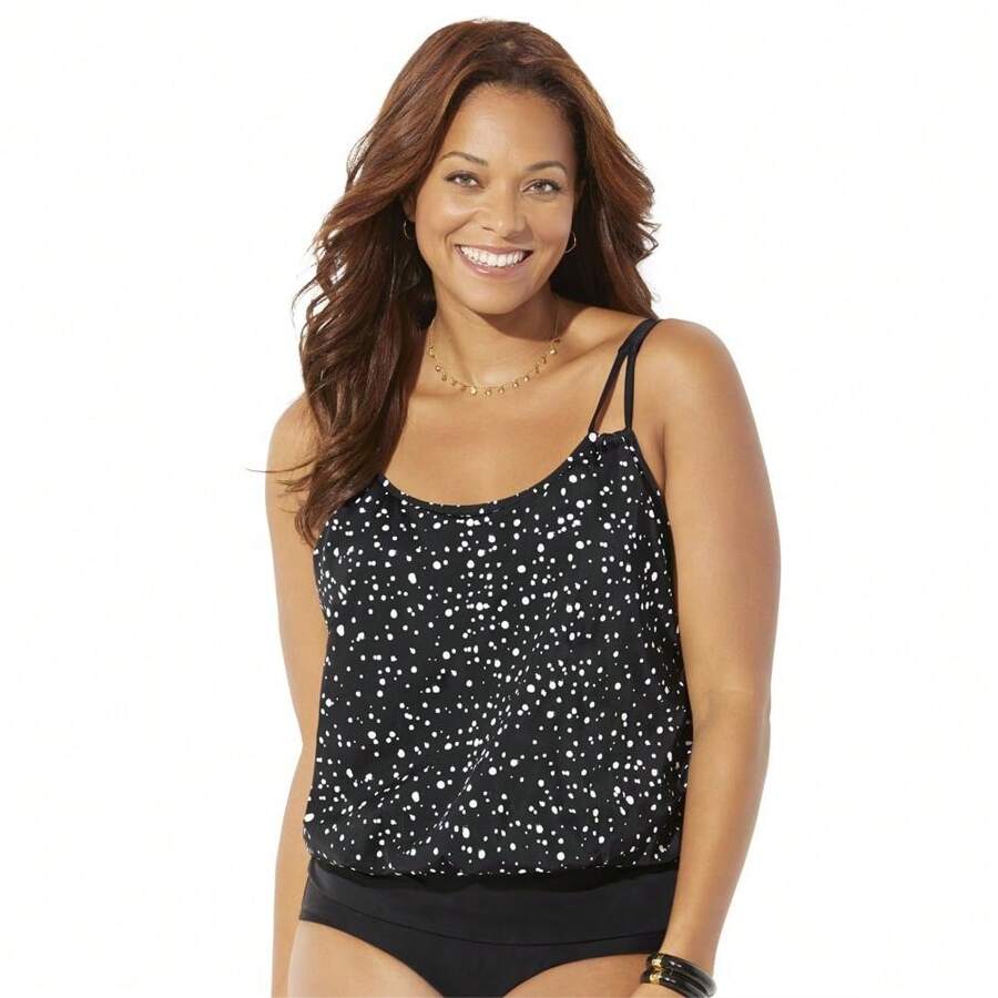 Swimsuits For All Women's Loop Strap Blouson Tankini Top - BLACK WHITE DOT - View 1