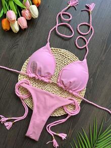 2026 New Ribbed Fabric Handmade Rope Bikini Set For Women - Pink - View 2