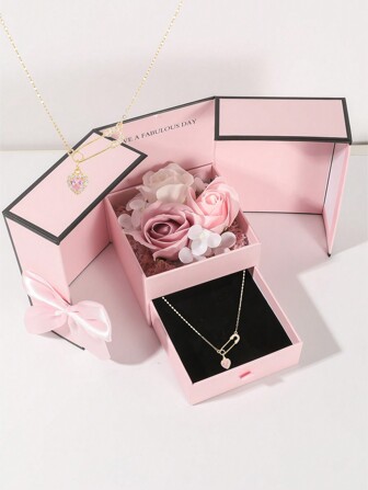 1pc Fashionable Cute Rose Gold Heart Pendant Necklace, Exquisite Soap Flower Gift Box Packaging, Perfect Gift For Girlfriend