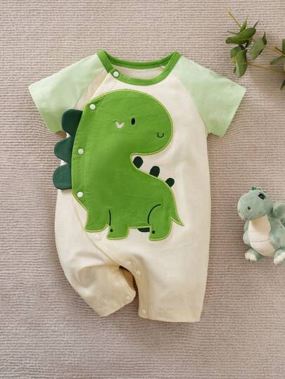 Yierying Newborn Baby Boy Cartoon Dinosaur Print Comfortable Round Neck Short Sleeve Romper, Spring/Summer