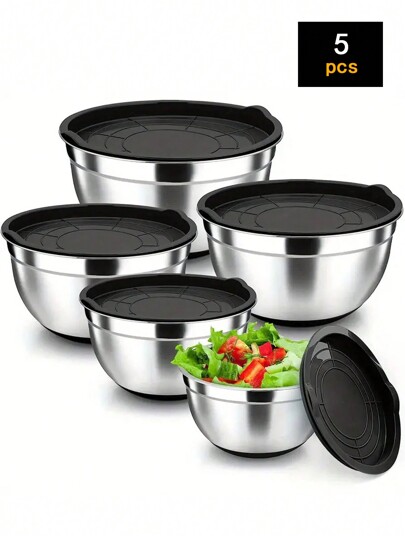 5 pezzi Ciotole nidificate in acciaio inossidabile con coperchio e fruste per mescolare, resistenti e lavabili in lavastoviglie, per cucinare, servire, sigillare. Utensili e accessori da cucina.