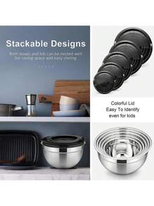 5pcs Stainless Steel Nesting Bowls With Cover & Mixing Beaters, Heavy-Duty And Dishwasher Safe, For Baking, Serving, Sealing. Kitchen Utensils And Accessories.