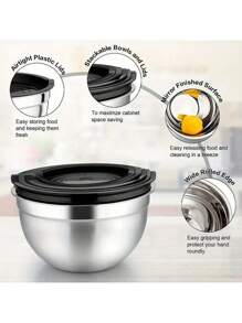 5pcs Stainless Steel Nesting Bowls With Cover & Mixing Beaters, Heavy-Duty And Dishwasher Safe, For Baking, Serving, Sealing. Kitchen Utensils And Accessories.