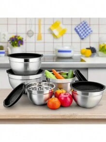 5pcs Stainless Steel Nesting Bowls With Cover & Mixing Beaters, Heavy-Duty And Dishwasher Safe, For Baking, Serving, Sealing. Kitchen Utensils And Accessories.
