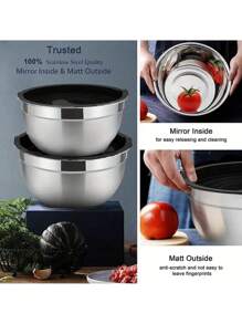 5pcs Stainless Steel Nesting Bowls With Cover & Mixing Beaters, Heavy-Duty And Dishwasher Safe, For Baking, Serving, Sealing. Kitchen Utensils And Accessories.