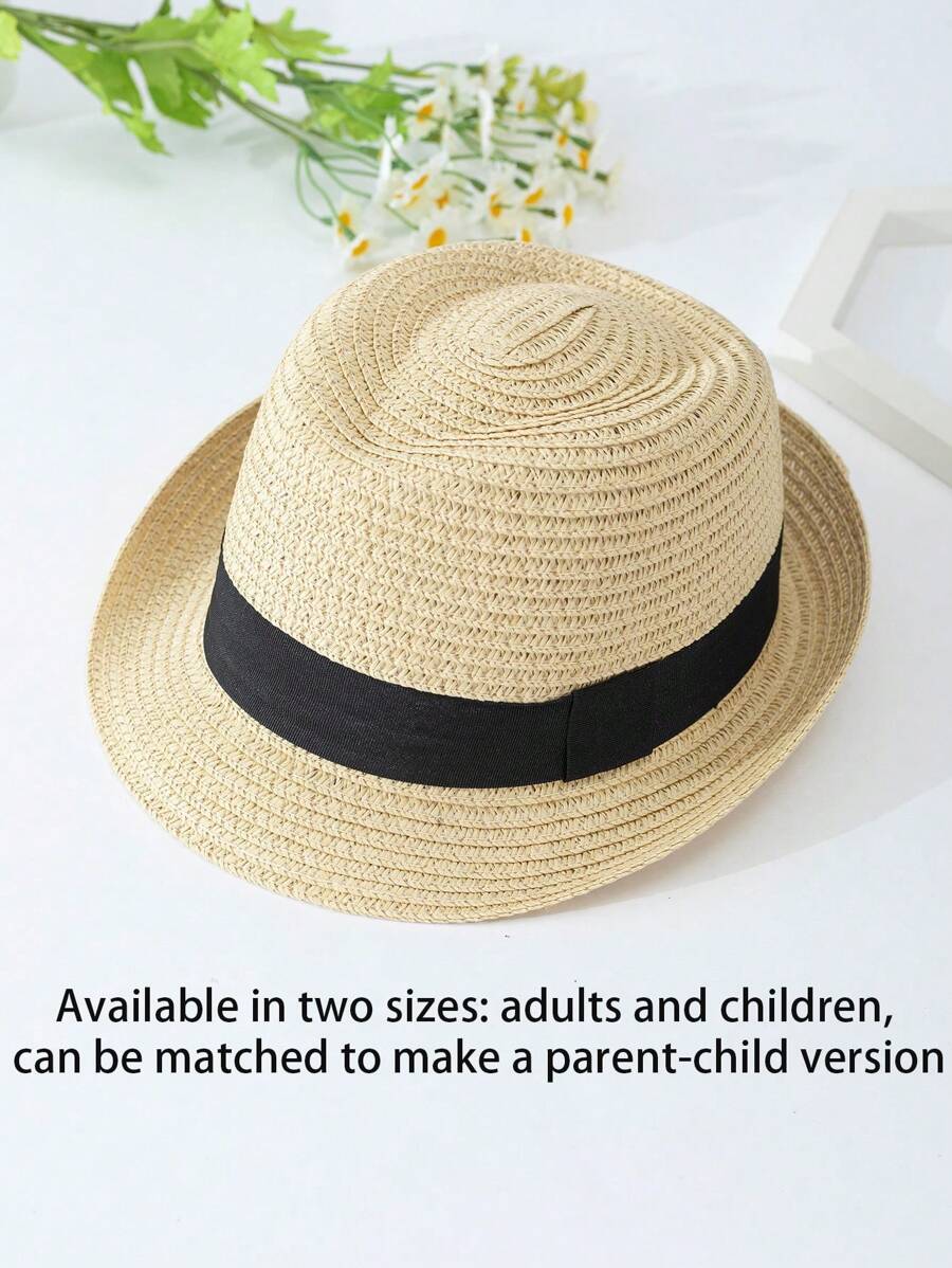 1pc Unisex Kids' Black Band Decorated Simple & Stylish Natural-Colored Panama Straw Hat With Upturned Brim, Suitable For Outdoor Activities And Beach Vacation - Beige - View 1