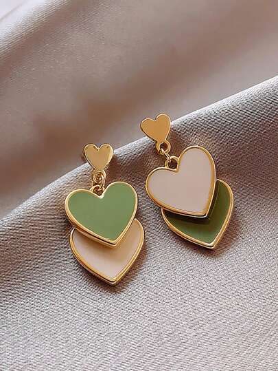 1 Pair Of European And American Fashionable Simple Alloy Heart Drip Oil Double-Layered Stud Earrings For Women, Summer Earrings, Festival Gift, Everyday Use Valentines,Mom,Mother,Mother's Day,Gift