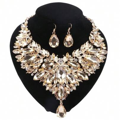Conjunto de Collar y Pendientes de Moda con Cristal de Gota de Agua para Novia con Pedrería para Mujeres, Ideal para Bodas, Fiestas y Regalo