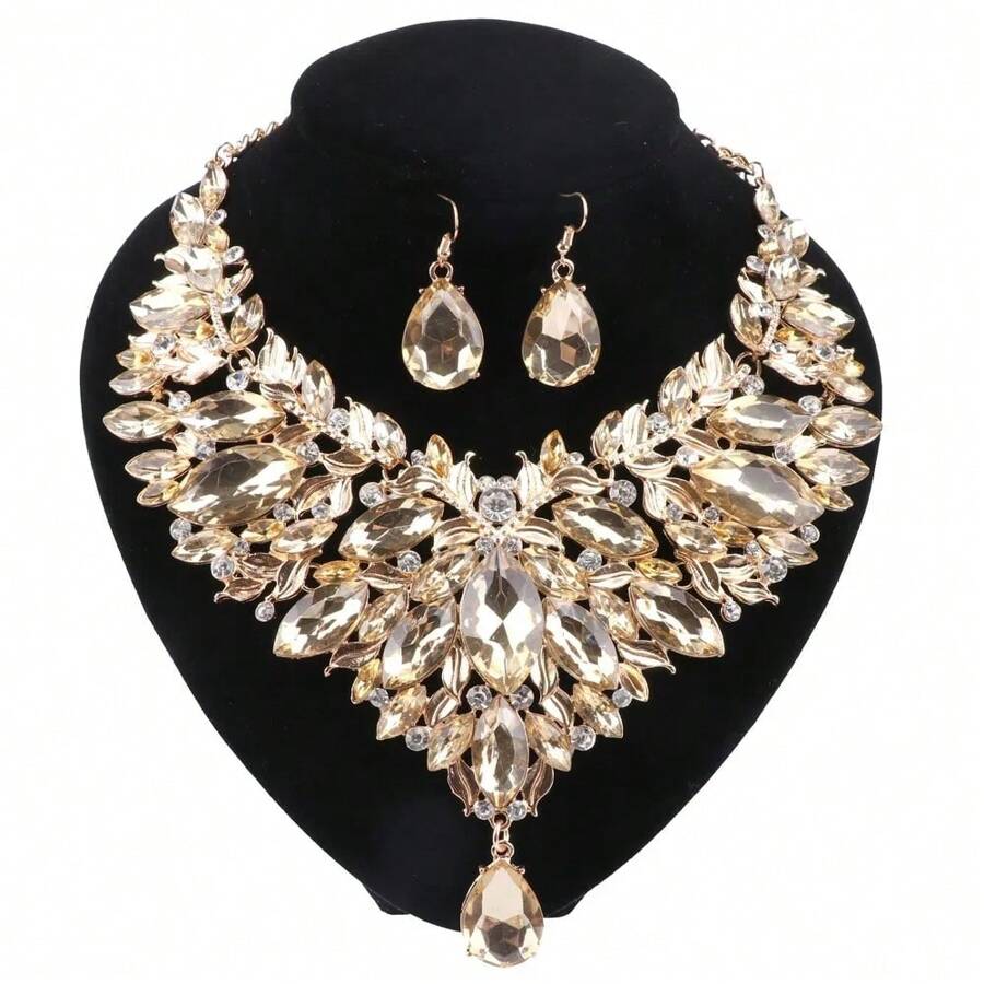 Conjunto de Collar y Pendientes de Moda con Cristal de Gota de Agua para Novia con Pedrería para Mujeres, Ideal para Bodas, Fiestas y Regalo