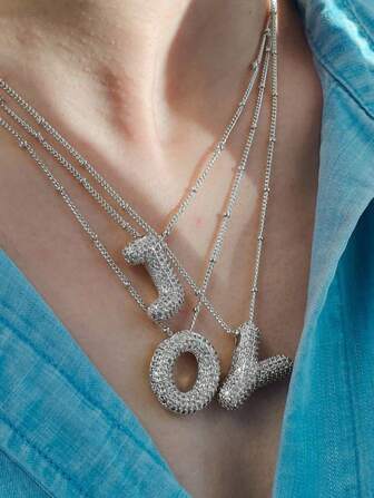 A-Z 锆石水晶字母吊坠项链，男女皆宜的朋克风字母项链，不锈钢时尚嘻哈饰品