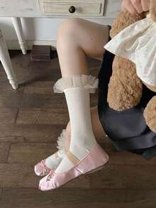 1pc Woman White Mesh Lace Mid-Calf Socks With Mesh Design And Sweet Ballet Style, Fashionable For Daily Use - White - View 2