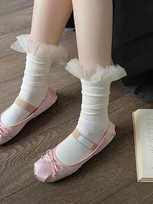 1pc Woman White Mesh Lace Mid-Calf Socks With Mesh Design And Sweet Ballet Style, Fashionable For Daily Use - White - View 8