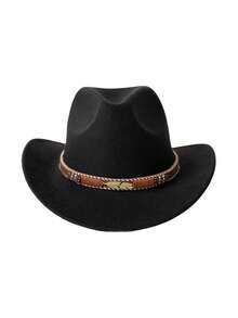 1pc Unisex Fashionable Cowboy Hat Embellished With Leather Band And Gold Leaf Decoration, Lady Gift Hat For Outdoor Activities; Rolled Edge Fedora Hat For Men & Women, Jazz Hat, Large-Brimmed Gift Hat For Sun Protection - Multicolor - View 14