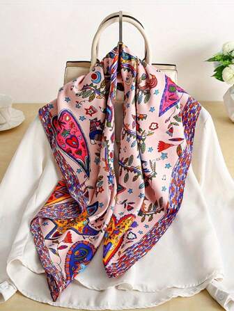 一條優雅的印有派斯利圖案的緞面頭巾廣場披肩，混搭風格，透氣、防曬和裝飾性