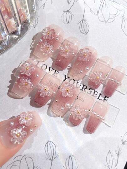 24pcs Flower & Pearl Sparkle French False Nails, Long Coffin Shape Pink Blush Gradient Fake Nails, Cute Sweet Spring Summer 3D Flower Nail Art Set With Jelly Glue & Nail File, Suitable For Women, Girls, Music Festivals, Parties, Shopping, Traveling, Dating Press On Nails Nail Supplies