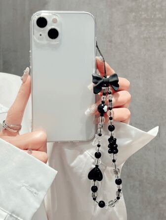 1pc Black Heart-Shaped Ball Bow Detail Polka Dot Style Matte Black Bowknot Lovely And Lively Youthful Simple Style Mobile Phone Chain Keychain Earphone Cord Lovely And Lively Youthful Tulip Pearl Colorful Beads Ins Funny And Lovely Style Simple Style Mobile Phone Case Hanging Rope Hand Chain Transparent For Mother, Family, Friends, Birthday, Holiday Phone Charm