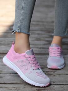 女士休闲运动鞋网眼透气平底网鞋适合中小学生跑步鞋四季旅游鞋系带网鞋时尚轻便工作鞋布面运动鞋 - 粉色 - 查看 9
