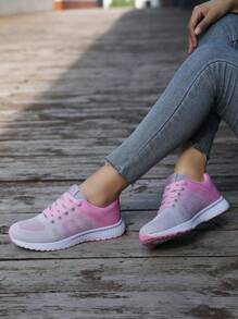 女士休闲运动鞋网眼透气平底网鞋适合中小学生跑步鞋四季旅游鞋系带网鞋时尚轻便工作鞋布面运动鞋 - 粉色 - 查看 2