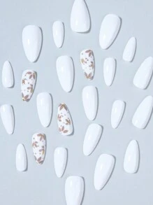 24片/套杏仁形按压式美甲贴片，花卉金色闪粉设计，亚克力假指甲，包含1片果冻胶和1个指甲锉，适合女性和女孩的美甲用品 - 白色 - 查看 2