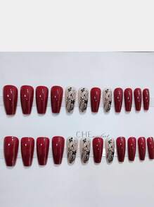 Conjunto de 24 piezas de uñas postizas elegantes de estilo de tinta de color rojo vino retro, forma de estilete largo, suministros de uñas - Burdeos - Ver 2