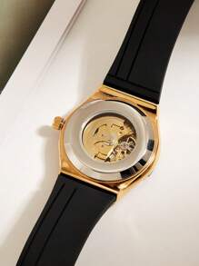 1pc Automatic Mechanical Business Casual Watch With Hollow Dial, AP Style, Comes With Exquisite Leather Box, Father's Day Gift - Gold - View 3