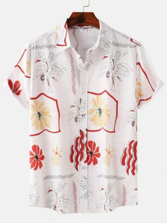 Men's Ditsy Floral Short Sleeve Button Down Shirt, Hawaiian Beach Style For Summer